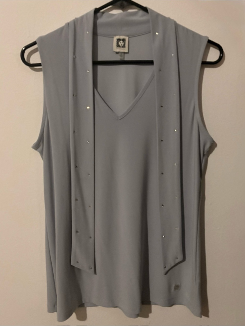 Anne Klein Sleeveless V-Neck Embellished with Attached Scarf Light Gray Size S